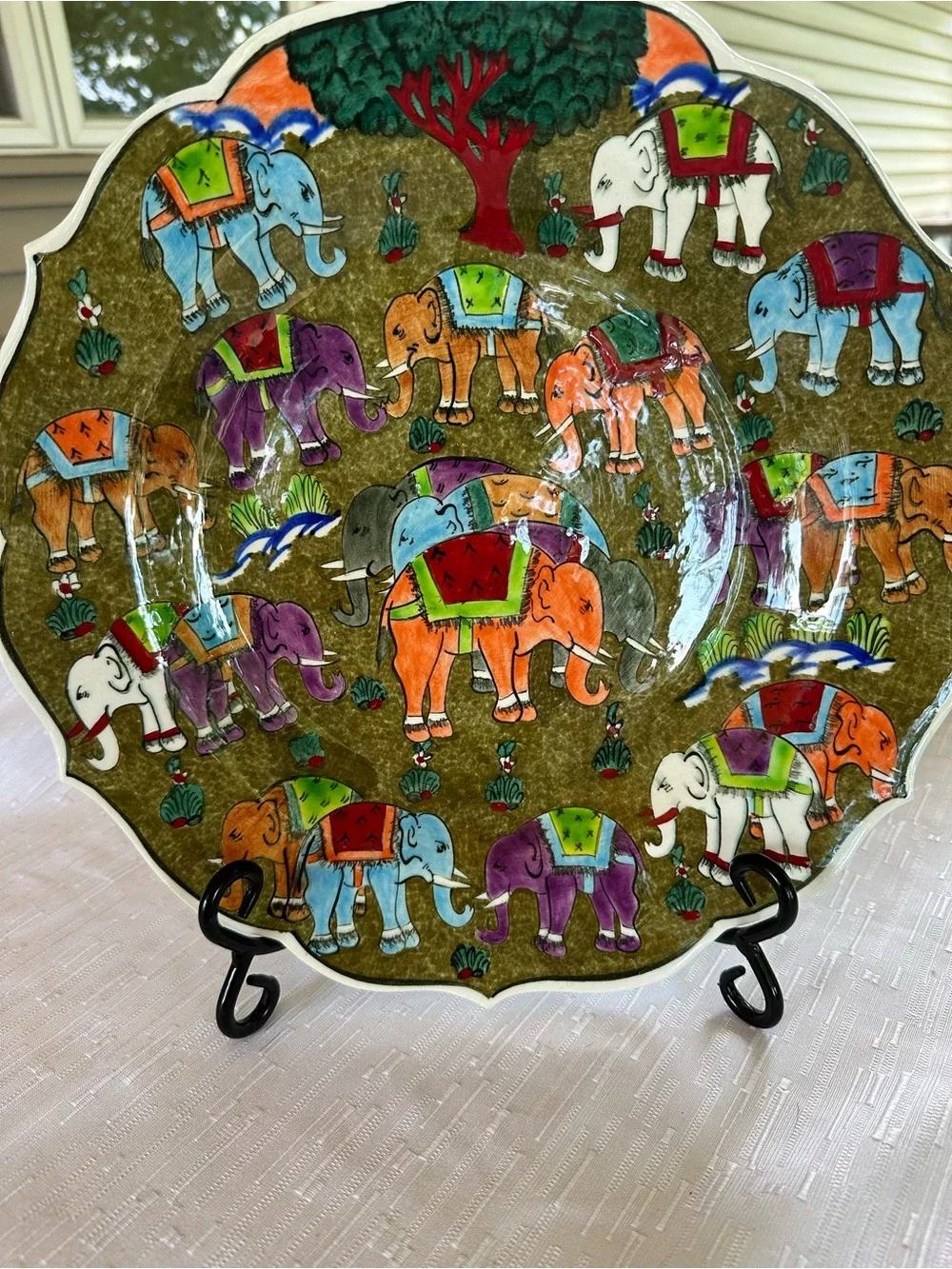 Turkish Hand Painted Ceramic Wall Plate Colorful Elephants 12in Artist Signed